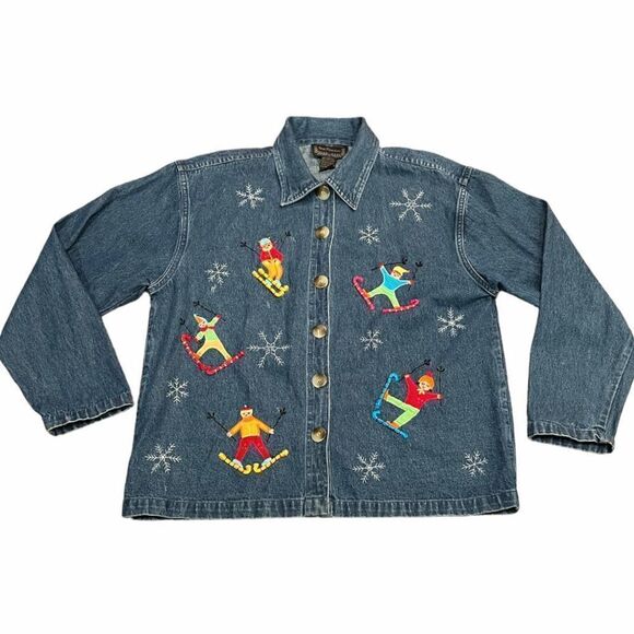 NEW Directions Denim Embroidered Ice Skating Shacket Jacket Womens Medium Winter - Picture 2 of 9